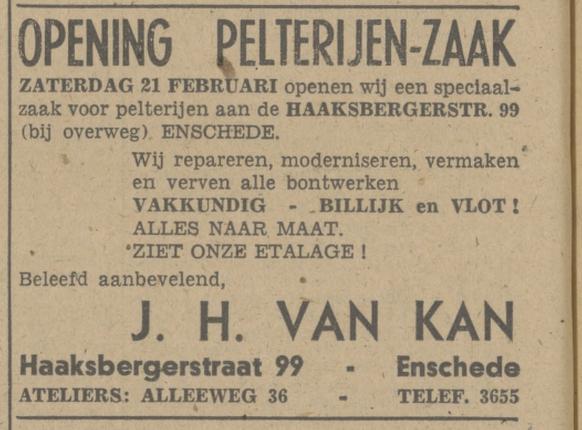 Haaksbergerstraat 99 bij de overweg. J.H. van Kan Pelterijen-zaak advertentie Tubantia 20-2-1948.jpg