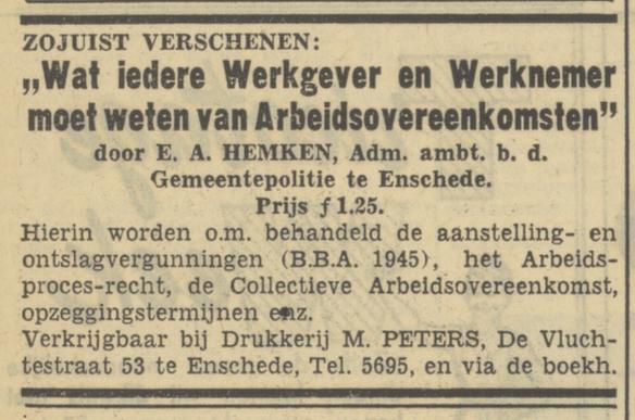 de Vluchtestraat 53 Drukkerij M. Peters advertentie Tubantia 16-6-1950.jpg