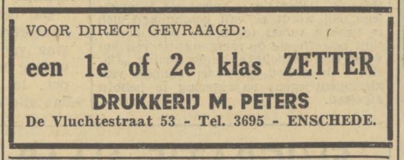 de Vluchtestraat 53 Drukkerij M. Peters advertentie Tubantia 16-2-1950.jpg
