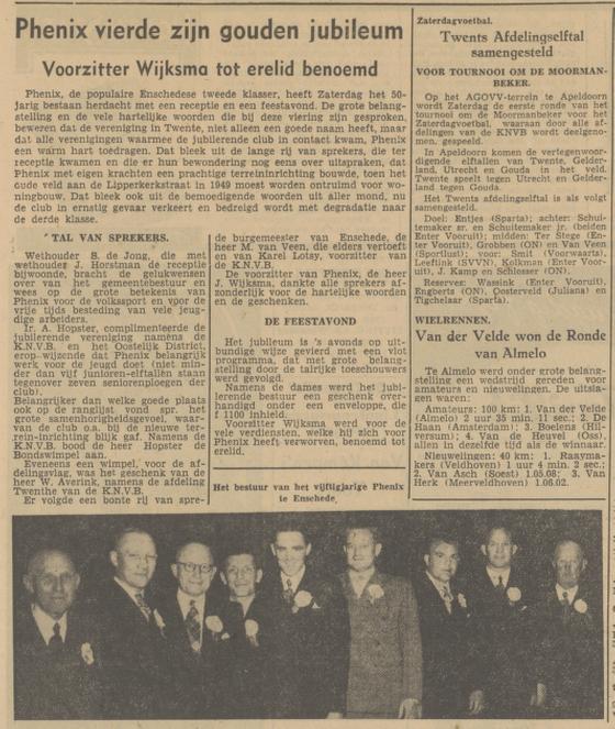 Phenix Voetbalvereniging voorzitter J. Wijksma krantenbericht Tubantia 7-5-1951.jpg
