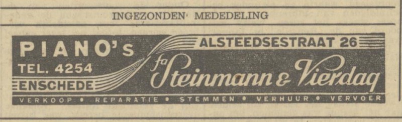 Alsteedsestraat 26 Fa. Steinmann & Vierdag piano's advertentie Tubantia 8-4-1948.jpg