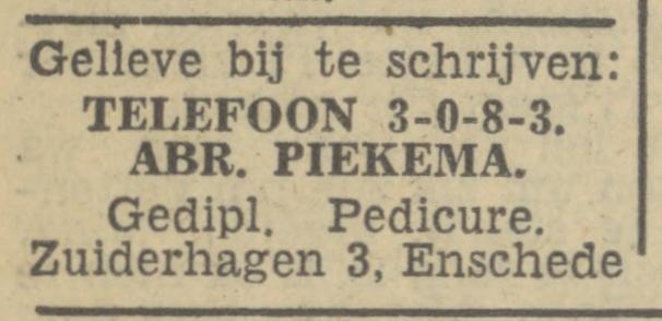 Zuiderhagen 3 pedicure A. Piekema advertentie Tubantia 2-11-1946.jpg