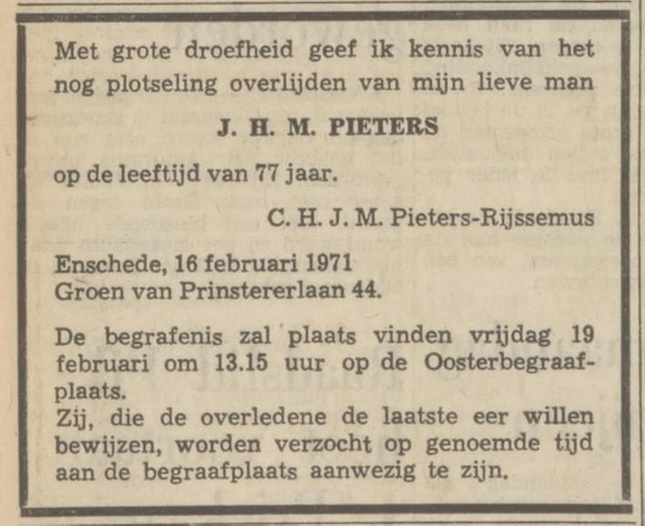 Groen van Prinstererlaan 44 J.H.M. Pieters overlijdensadvertentie Tubantia 17-2-1971.jpg
