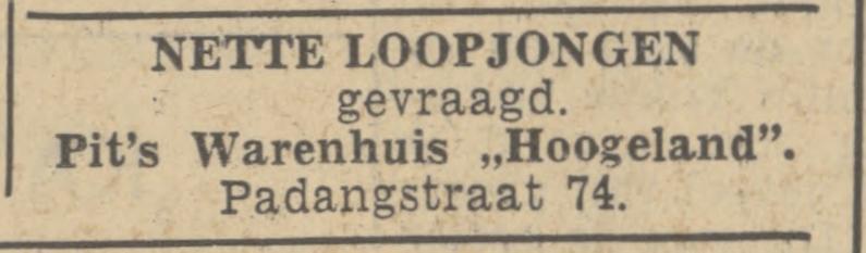 Padangstraat 74 Pit´s Warenhuis Hoogeland advertentie Tubantia 14-12-1938.jpg