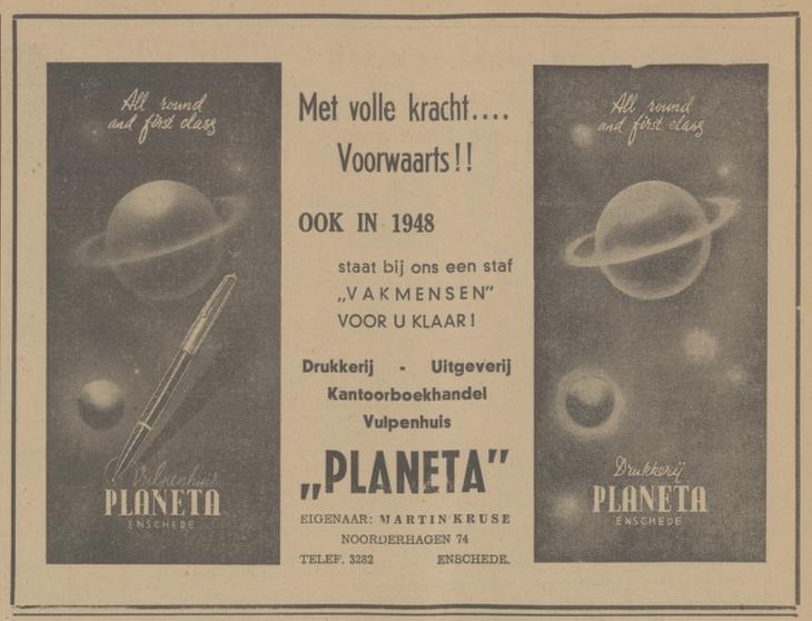 Noorderhagen 74 Vulpenhuis Planeta M. Kruse advertentie Tubantia 3-1-1948.jpg