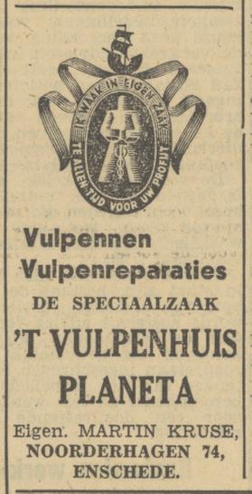 Noorderhagen 74 Vulpenhuis Planeta M. Kruse advertentie Tubantia 16-1-1950.jpg