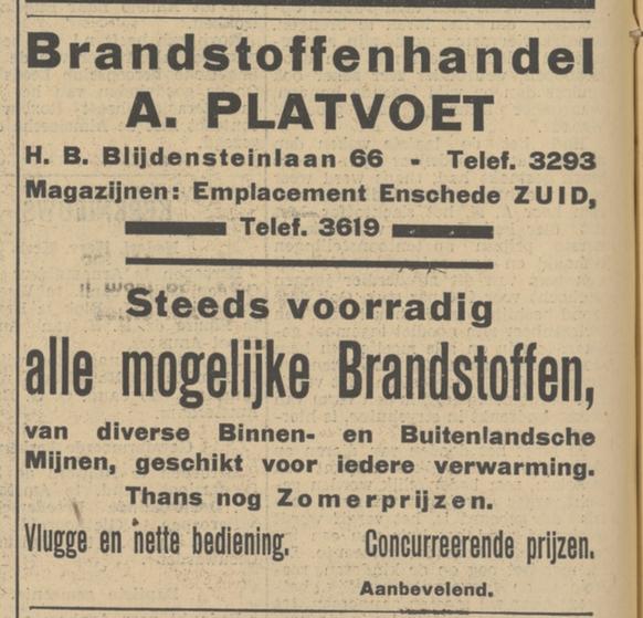 H.B. Blijdensteinlaan 66 Brandstoffenhandel A. Platvoet advertentie Tubantia 11-9-1935.jpg