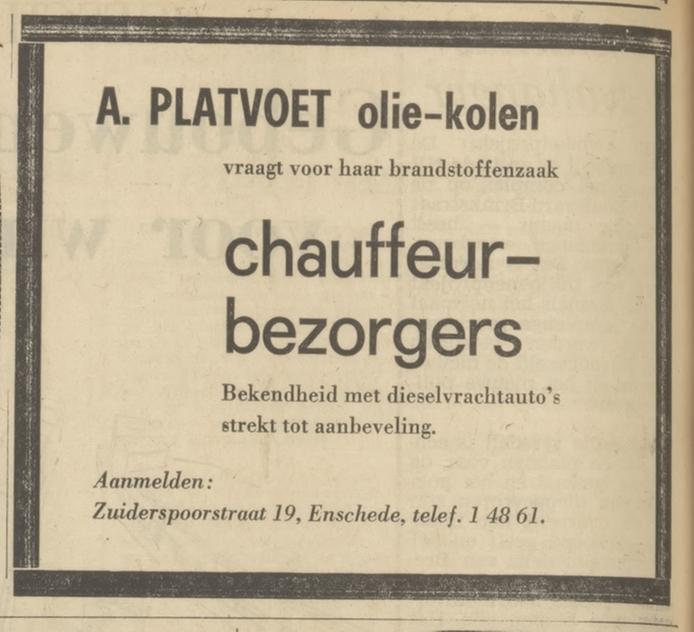 Zuiderspoorstraat 19 brandstoffenzaak A. Platvoet advertentie Tubantia 24-8-1966.jpg