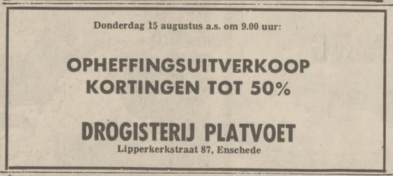 Lipperkerkstraat 87 Drogisterij Platvoet advertentie Tubantia 13-8-1974.jpg