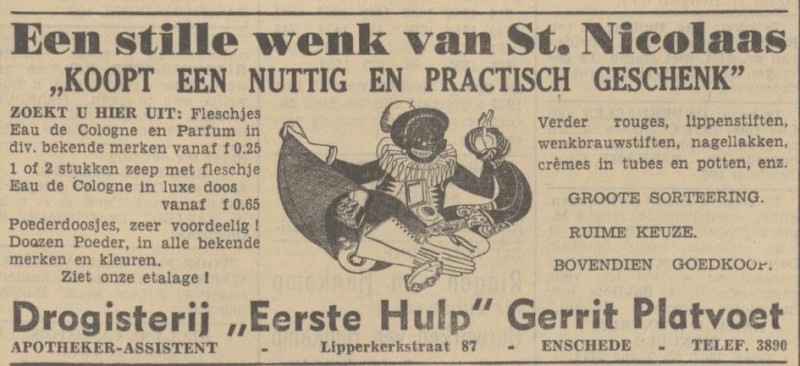 Lipperkerkstraat 87 Drogisterij Gerrit Platvoet Apotheker-assistent  advertentie Tubantia 27-11-1937.jpg