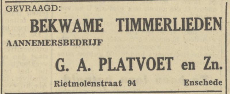 Rietmolenstraat 94 Aannemersbedrijf G.A. Platvoet en Zn. advertentie Tubantia 28-3-1950.jpg