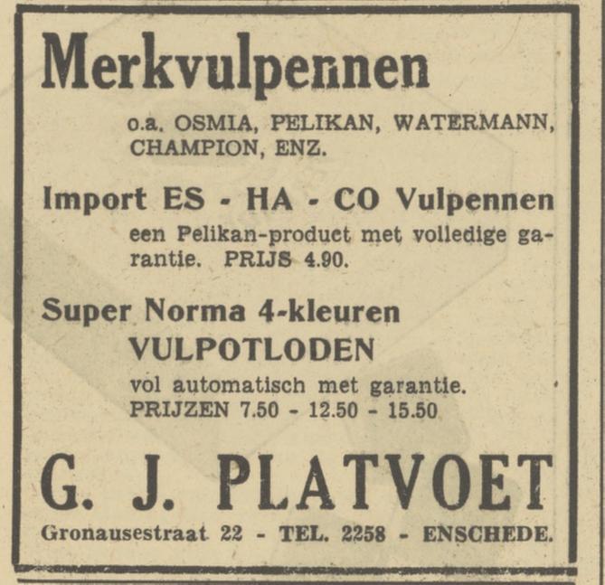Gronausestraat 22 G.J. Platvoet advertentie Tubantia 24-3-1950.jpg