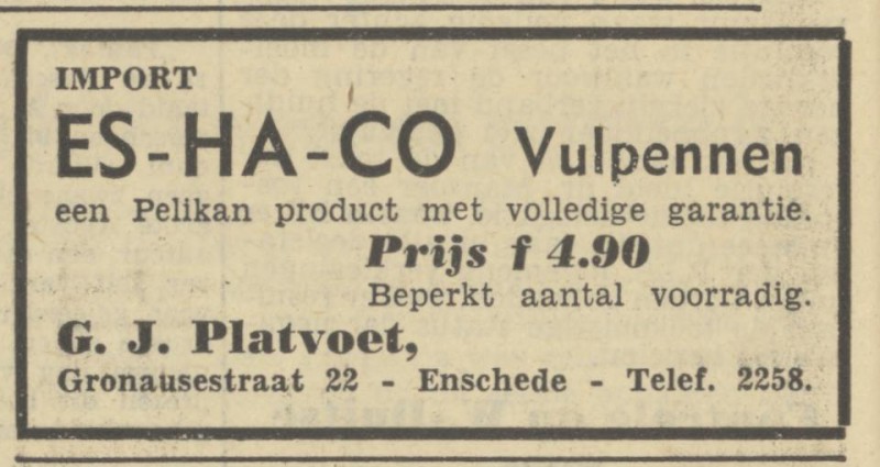 Gronausestraat 22 G.J. Platvoet advertentie Tubantia 24-2-1950.jpg