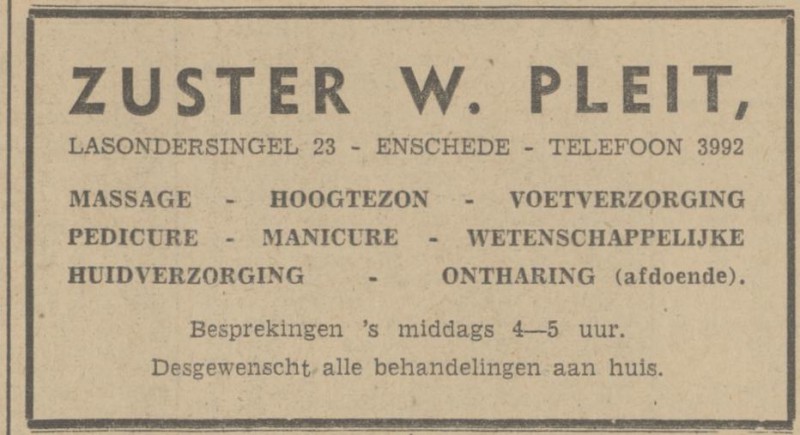 Lasondersingel 23 Zr. W. Pleit advertentie Tubantia 15-8-1942.jpg