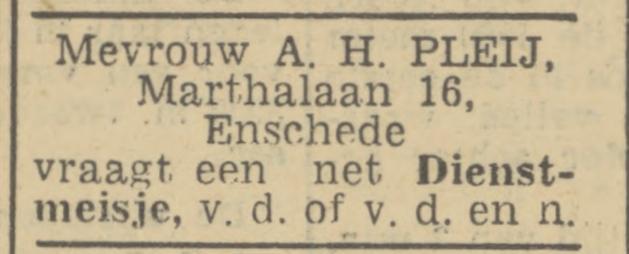 Marthalaan 16 A.H. Pleij advertentie Tubantia 18-12-1946.jpg