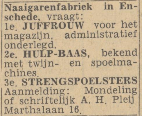 Marthalaan 16 A.H. Pleij advertentie Twentsch nieuwsblad 15-2-1944.jpg