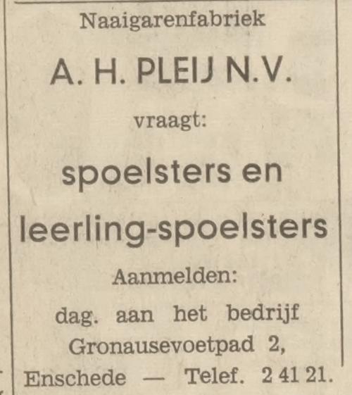 Gronausevoetpad 2 Naaigarenfabriek A.H. Pleij N.V. advertentie Tubantia 13-5-1969.jpg