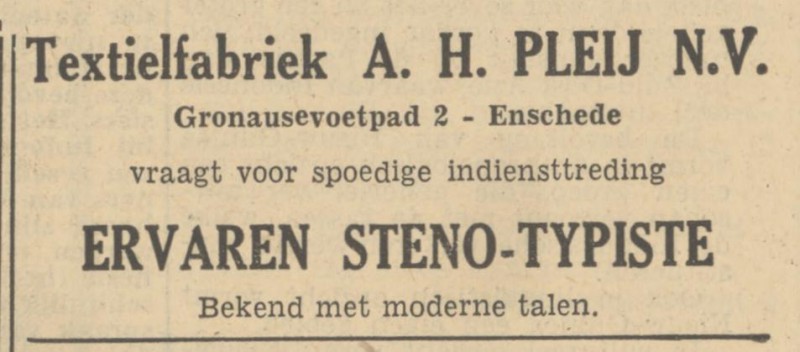 Gronausevoetpad 2 Textielfabriek A.H. Pleij N.V. advertentie Tubantia 10-8-1950.jpg