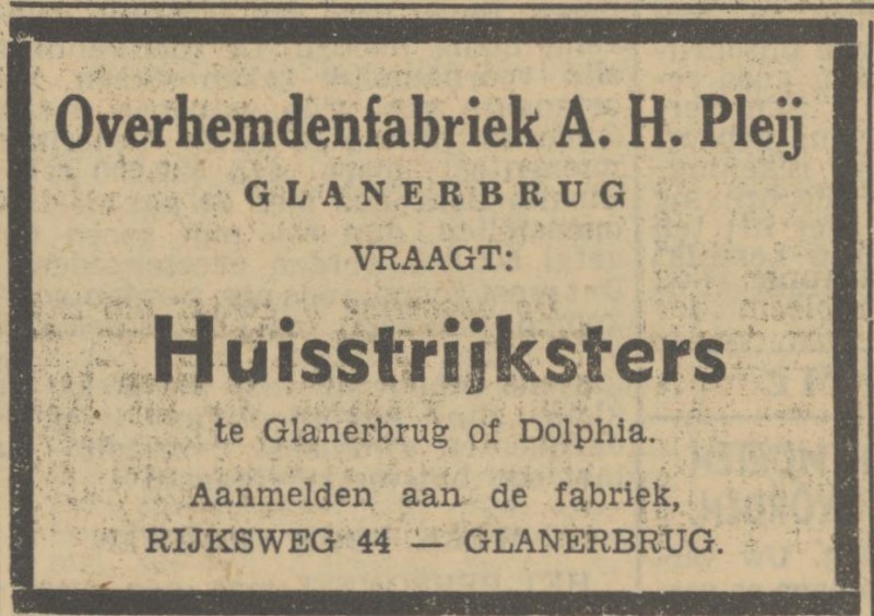 Rijksweg 44 Glanerbrug Overhemdenfabriek A.H. Pleij advertentie Tubantia 8-3-1951.jpg