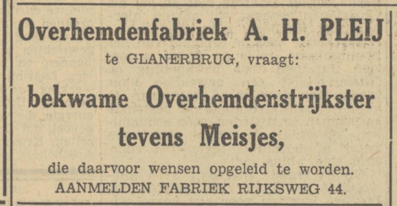 Rijksweg 44 Glanerbrug Overhemdenfabriek A.H. Pleij advertentie Tubantia 20-12-1949.jpg