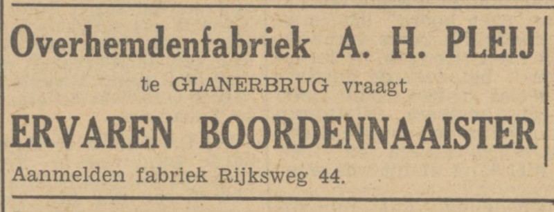 Rijksweg 44 Glanerbrug Overhemdenfabriek A.H. Pleij advertentie Tubantia 19-10-1948.jpg