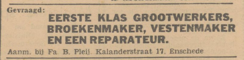 Kalanderstraat 17 B. Pleij advertentie Het Vrije Volk 15-8-1945.jpg