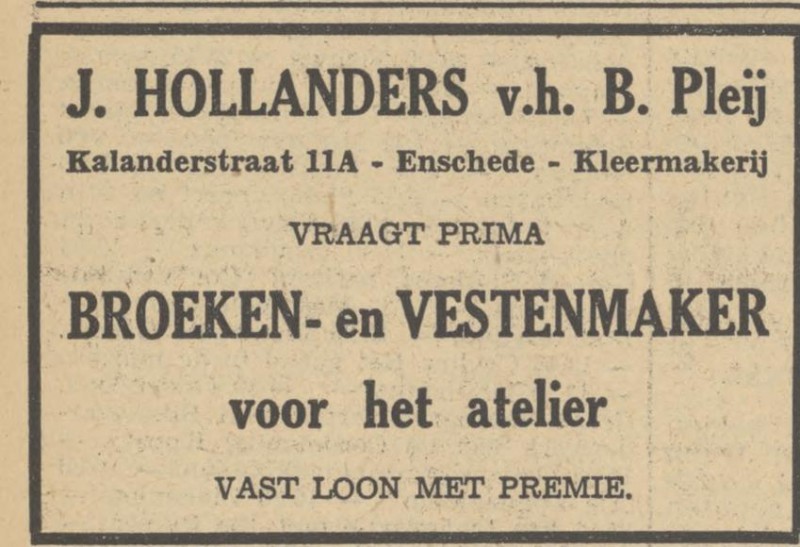 Kalanderstraat 11a J. Hollanders v.h. B. Pleij advertentie Tubantia 6-11-1948.jpg