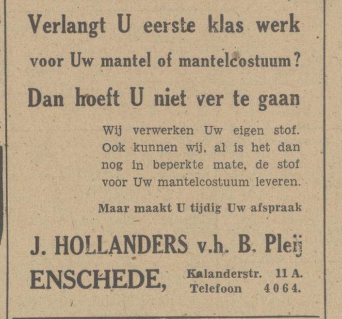 Kalanderstraat 11a J. Hollanders v.h. B. Pleij advertentie Tubantia 4-2-1948.jpg