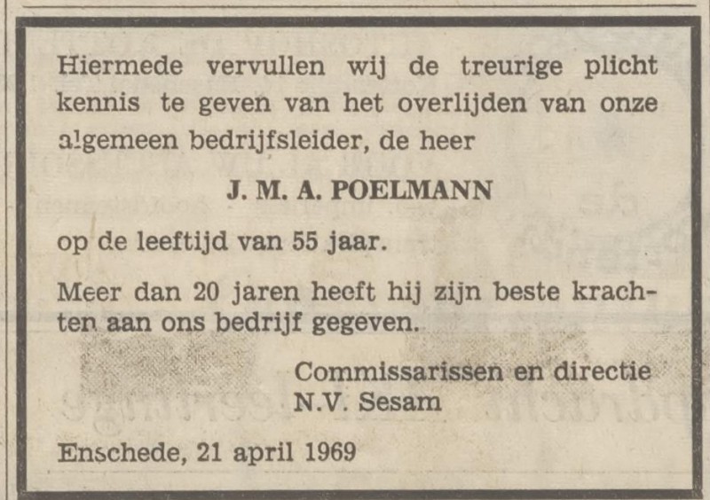 J.M.A. Poelmann overlijdensadvertentie Tubantia 22-4-1969.jpg