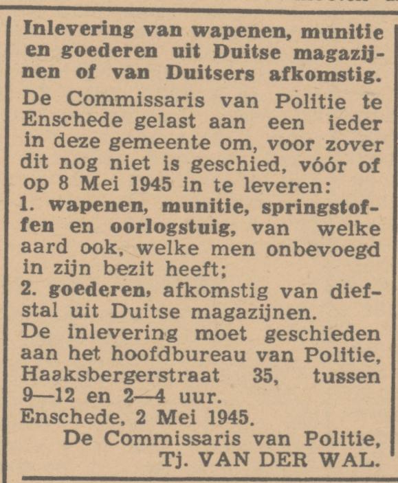 Haaksbergerstraat 35 Hoofdbureau van politie advertentie Het Vrije Volk 3-5-1945.jpg