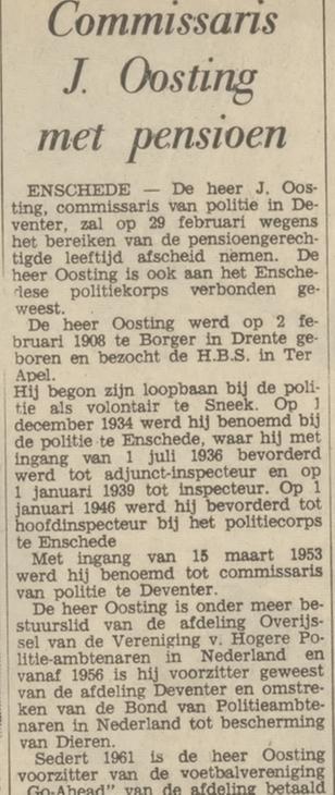 J. Oosting commissaris van Politie met pensioen. krantenbericht Tubantia 15-2-1968.jpg
