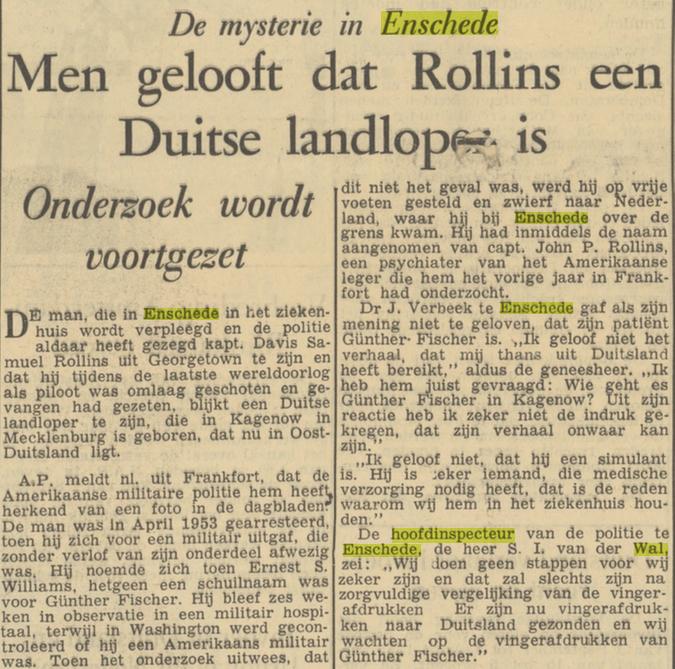S.I. van der Wal Hoofdinsoecteur van Politie Enschede. krantenbericht 1-9-1954.jpg
