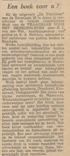 S.I. van der Wal Hoofdinsoecteur van Politie Enschede. krantenbericht 25-10-1952.jpg