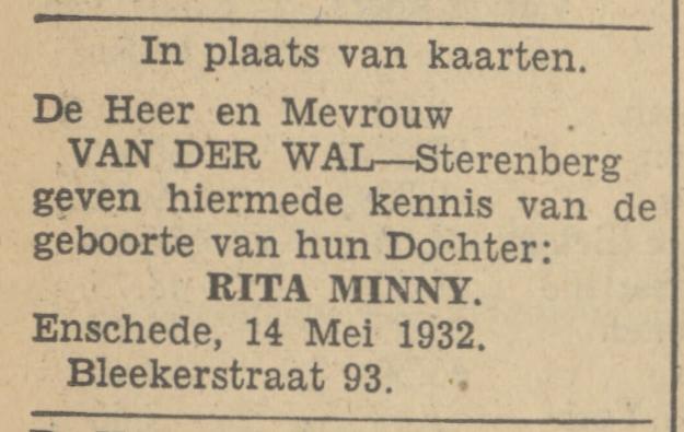 Blekerstraat 93 van der Wal advertentie Tubantia 17-5-1932.jpg