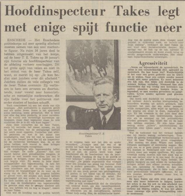 T.E. Takes Hoofdinspecteur van politie. krantenbericht Tubantia 26-1-1974.jpg