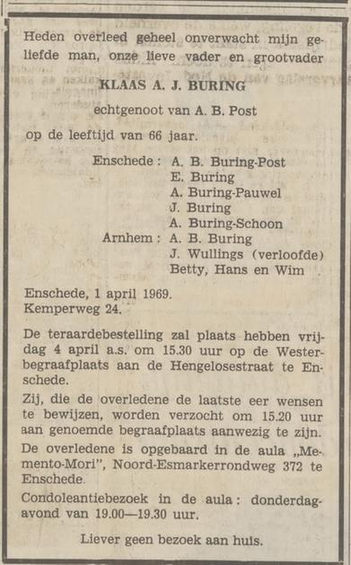 K.A.J. Buring overlijdensadvertentie Tubantia 3-4-1969.jpg