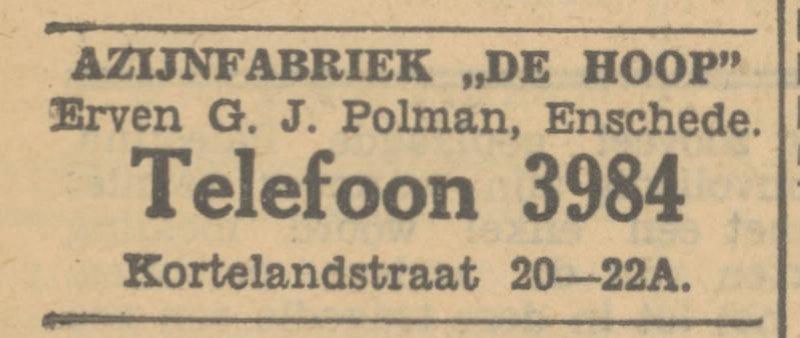 Kortelandstraat 20-22A Azijnfabriek De Hoop Erven G.J. Polman advertentie Tubantia 27-2-1933.jpg