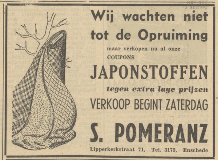 Lipperkerkstraat 71 S. Pomeranz advertentie Tubantia 7-12-1951.jpg
