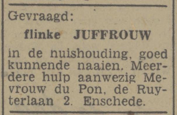 de Ruyterlaan 2 Mevr. du Pon advertentie Tubantia 25-3-1948.jpg