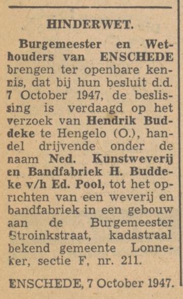 Burgemeester Stroinkstraat 28 Ned. Kunstweverij en Bandfabriek H. Buddeke voorheen Ed. Pool advertentie Tubantia 8-10-1947.jpg