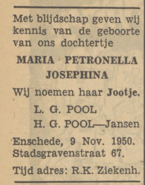 Stadsgravenstraat 67 L.G. Pool advertentie Tubantia 11-11-1950.jpg