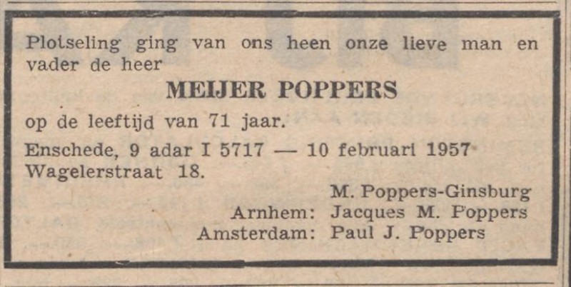 Wagelerstraat 18 M. Poppers overlijdensadvertntie Nieuw Israelitisch weekblad 15-2-1957.jpg