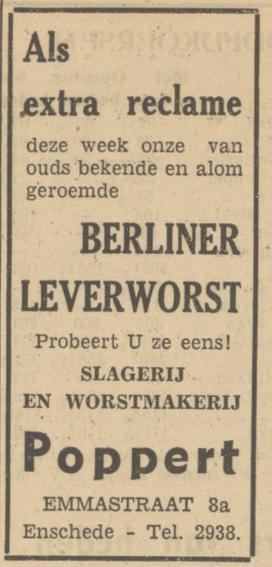 Emmastraat 8a slagerij en worstmakerij Poppert advertentie Tubantia 28-7-1950.jpg