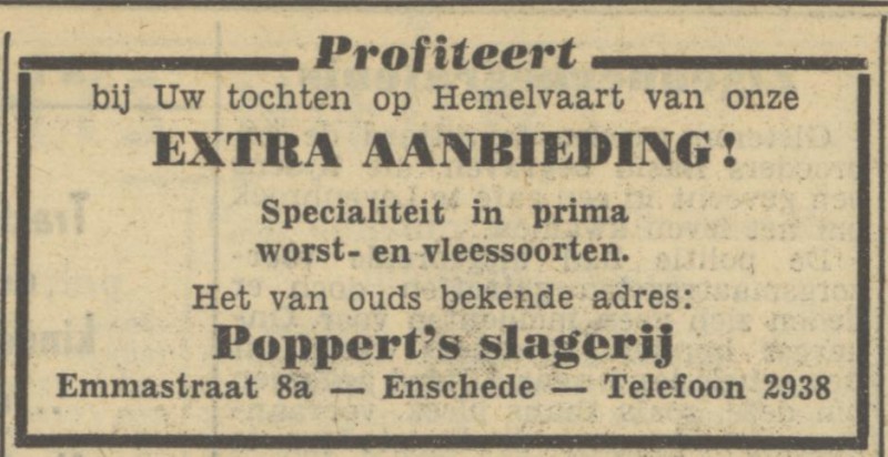Emmastraat 8a slagerij Poppert advertentie Tubantia 16-5-1950.jpg