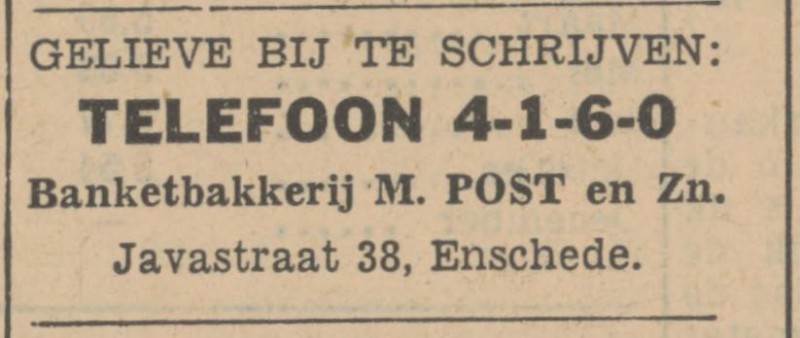 Javastraat 38 Banketbakkerij M. Post advertentie Tubantia 15-1-1936.jpg