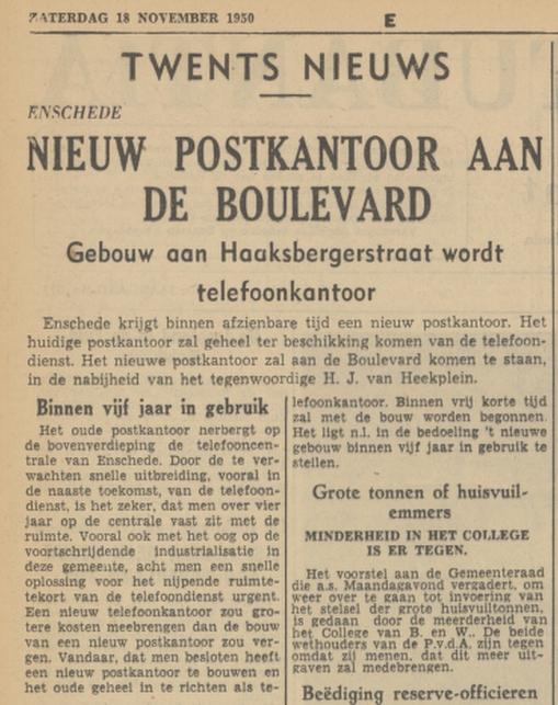Haaksbergerstraat postkantoor krantenbericht Tubantia 18-11-1950.jpg