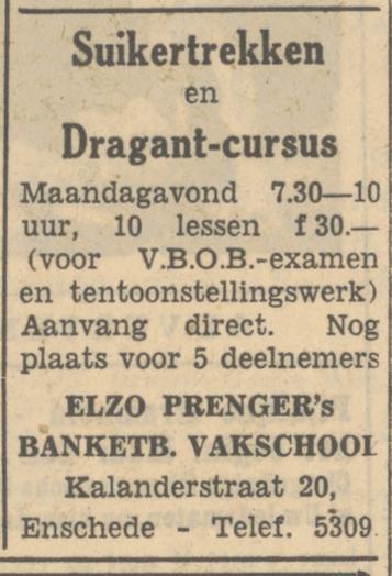 Kalanderstraat 20 Elzo Prenger Banketbakker Vakschool advertentie Tubantia 12-6-1951.jpg