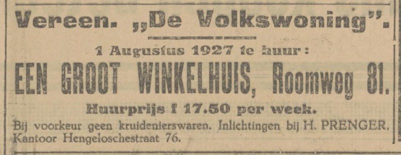 Hengelosestraat 76 Vereniging De Volkswoning  H. Prenger advertentie Tubantia 30-6-1927.jpg