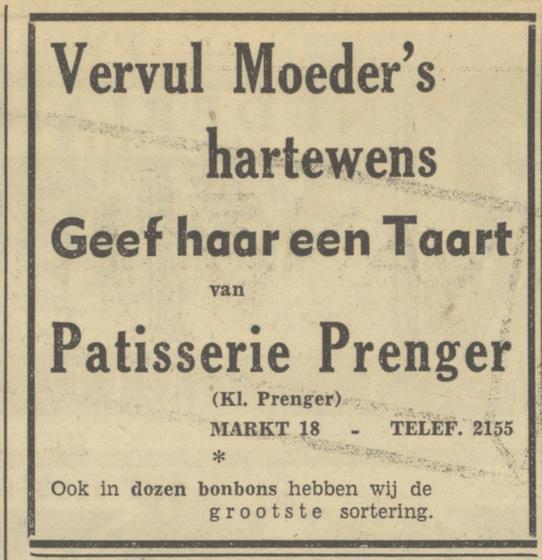 Markt 18 K. Prenger. Patisserie advertentie Tubantia 11-5-1950.jpg