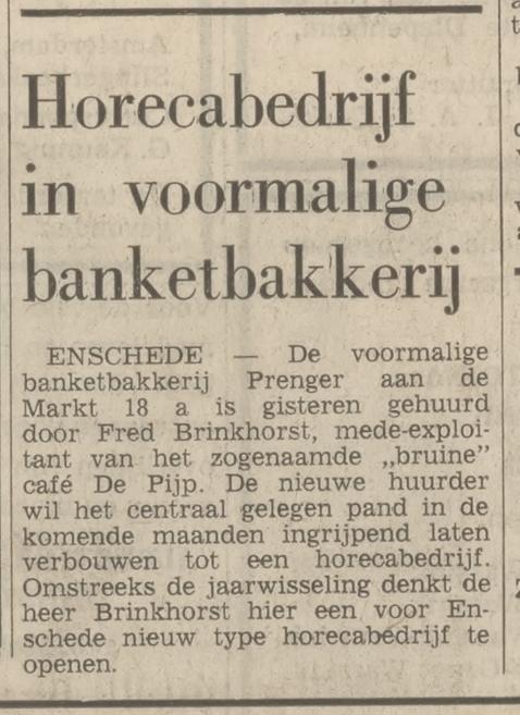 Markt 18a vm banketbakkerij Prenger nu cafe  krantenbericht Tubantia 3-9-1970.jpg